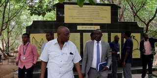 Nation Media Group Commercial Manager James Sogoti (right) is given a tour of Garissa University by VC Irura Ng’ang’a