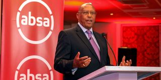 Absa Bank Kenya Chairman Charles Muchene speaking during the bank's 2022 full-year financial results investor briefing