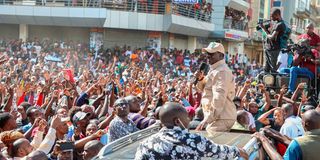 Azimio la Umoja One Kenya Coalition leader Raila Odinga addresses a crowd in Eastleigh, Nairobi