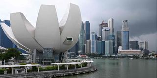 The ArtScience Museum against the backdrop of the city skyline in Singapore on January 28, 2021.
