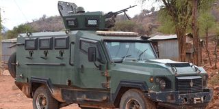 An armored Personnel Carrier on the Mochongoi-Kasiela-Chemorongion-Marigat road in Baringo County on March 16, 2023