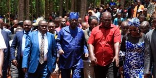 Azimio-One Kenya Alliance leader Raila Odinga arrives at the burial of Mrs Truphena Moraa Ontegi in Kisii County.