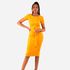 Michelle Harriet in a mustard yellow suede dress.