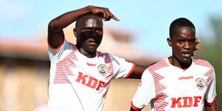 Ulinzi Stars midfielder Boniface Muchiri celebrates with team mate Hillary Simiyu