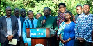 Azimio leader Raila Odinga addressing journalists during Azimio Parliamentary Group Presser 