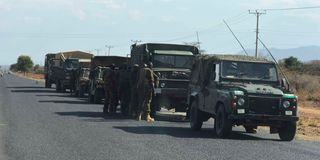 Kenya Defence Forces (KDF) convoy with artery launchers on the Emining - Marigat Road in Baringo County on March 13, 2023