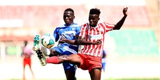 FC Talanta midfielder Ngala Herman (right) vies for the ball with AFC Leopards midfielder Njiite Zacharia