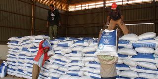 Workers arrange bags of subsidy fertilisers at the National Cereals and Produce Board depot in Elburgon, Nakuru County