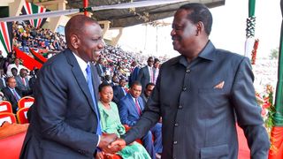 President William Ruto with former Prime Minister Raila Odinga at Nyayo National Stadium