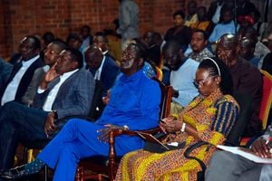 Azimio leaders Martha Karua (right), Raila Odinga (centre) and Eugene Wamalwa at Ufungamano House in Nairobi