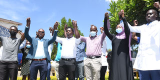 Dr Darwin Ambuka, KMPDU chairman and other officials on doctors strike