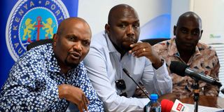 Trade Cabinet Secretary Moses Kuria addresses journalists while flanked by his Transport counterpart Kipchumba Murkomen