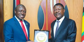 Speaker Moses Wetang'ula shares a light moment with Ghanaian High Commissioner Damptey Bediako
