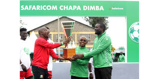 Safaricom CEO Peter Ndegwa, FKF President Nick Mwendwa and Nairobi Senator Edwin Sifuna