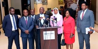 Azimio coalition team led by Azimio Negotiation team Chairperson Otiende Amollo (centre) addressing the press