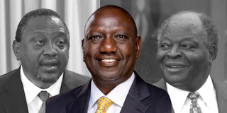 President William Ruto (centre) and former presidents Uhuru Kenyatta (left) and Mwai Kibaki.