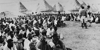 Hundreds of arrested Kenyans wait to be questioned after the massacre of 200 loyalist Kikuyus in a Mau Mau camp