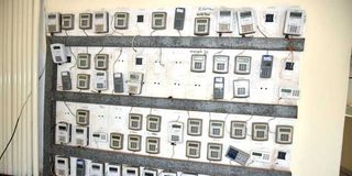 Prepaid electricity meters at a building in Mombasa 