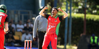 Kenya's bowler Vraj Patel celebrates a wicket 