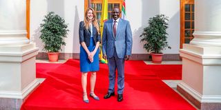President William Ruto with outgoing British High Commissioner to Kenya Jane Marriott at State House, Nairobi