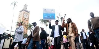 Public service sector union members participate in a procession outside Parliament in Nairobi 
