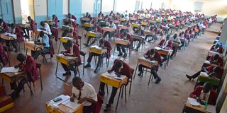 Candidates sitting for the mathematics examination at Kisumu Boys High School 