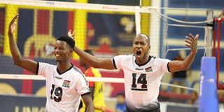 Wafalme Stars middle blocker Brian Kamonde (left) and captain Enock Mogeni