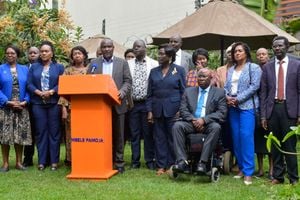 ODM chair John Mbadi addresses journalists accompanied by other ODM leaders