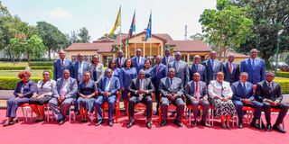 President William Ruto with members of his Cabinet at Kakamega State Lodge recently.