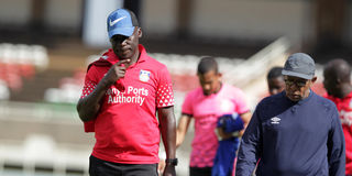 Bandari FC assistant coach John Baraza (left) with head coach Twahir Muhhidin 