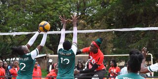 Yvonne Sinaida (right) of Kenya Pipeline attacks against Damaris Sang (left) and Naomi Chelimo of Kenya Army 