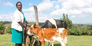 A farmer with her cow and one-month-old calf