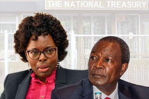 Controller of Budget Margaret Nyakang’o (left) and Treasury CS Njuguna Ndung’u