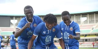Nairobi City Stars forward Samuel Kapen (centre) celebrates his goal with teammates