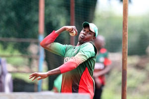 Kenya bowler Collins Obuya trains at Ruaraka Sports Club
