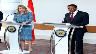 Foreign and Diaspora Affairs Cabinet Secretary Alfred Mutua with his Canadian counterpart Melanie Joly