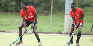 Kenya men's hockey five-aside team players Moses Mungai (left) and Sheldon Kimutai