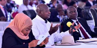Presidents Samia Suluhu (Tanzania), Yoweri Museveni Museveni (Uganda) and William Ruto (Kenya) in a past event.