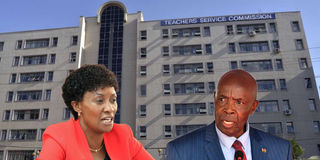 Teachers Service Commission ceo Nancy Macharia (left) and Education Cabinet Secretary Ezekiel Machogu.