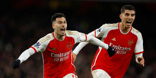 Arsenal's Gabriel Martinelli celebrates scoring their second goal with Kai Havertz 