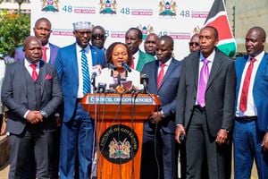 Council of Governors chairperson Anne Waiguru (centre) with her colleagues during a media briefing in Nairobi