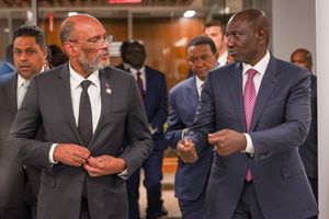 President William Ruto and Haitian Prime Minister Ariel Henry at State House, Nairobi on Friday.