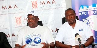 Ingwe@60 committee chairman Vincent Shimoli (right) and AFC Leopards patron Alex Muteshi