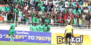Gor Mahia players celebrate Austin Odhiambo's goal 