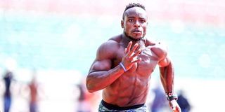 Commonwealth Games 100m champion Ferdinard Omanyala trains at Nyayo National Stadium on May 3.