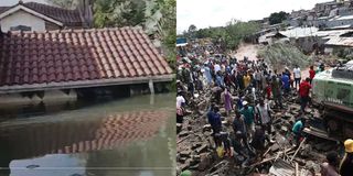 Left: A submerged house in Runda estate and ongoing demolitions in Mathare slums.