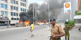 Four cars were torched and burned in Mombasa, Kenya, protesting against the government.