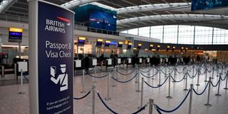 Unused check-in desks at Heathrow airport.