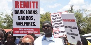 Lecturers under Uasu, Moi University Chapter, take part in a strike Eldoret