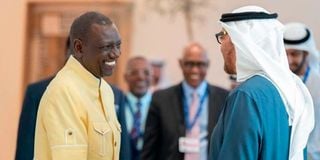 President William Ruto greets President Sheikh Mohamed bin Zayed Al Nahyan uae